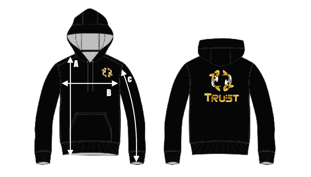 A black hoodie with the word trust written on it.